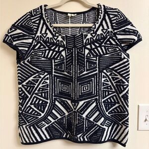ANTHROPOLOGIE Moth Geometric Knit Sweater Top L Navy White Textured Stretch Boho